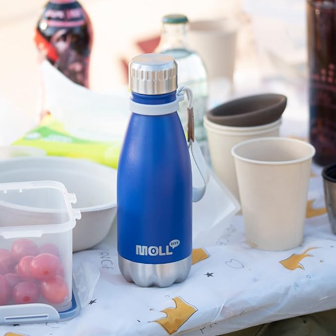 Small Water Bottle-9 oz Stainless Steel Water Bottle for Kids School Insulated Vacuum Metal Leak Proof Cola Shape Mini Water Bottle for Boys (Navy)