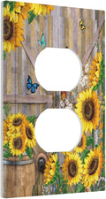 Rustic Sunflower Barn Door Wood Plank 1 Gang Outlet Plate Decorative Single Duplex Wall Plate Covers Electrical Receptacle Light Switch Cover Art Faceplate Switchplate for Farmhouse Bathroom Decor