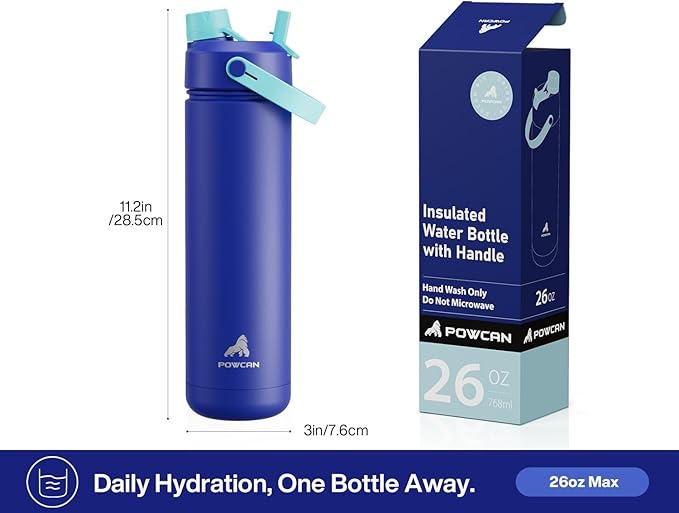 POWCAN 26 oz Insulated Water Bottle with 2-in-1 Straw and Spout Lid, Keep Cold 24H, Leak-Proof, Fits in Car Cup Holder, Stainless Steel Water Bottle for Soccer Lovers, and Sports Fans (NetBreaker USA)