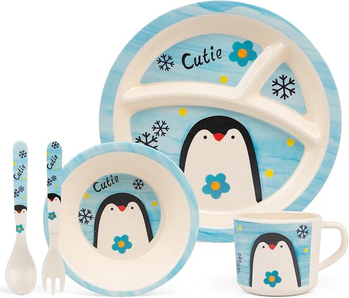 Kids Dinnerware Set, 5-Piece Mealtime Tableware for Children & Toddlers – Includes Divided Plate, Bowl, Cup, Fork & Spoon – Natural Bamboo Fiber, BPA-Free, Dishwasher Safe (Penguin)