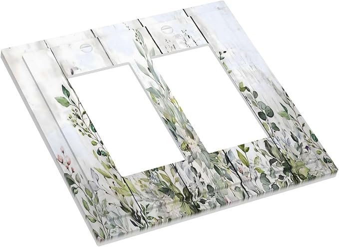 Sage Green Eucalyptus Rustic Country Botanical Leaf Flower Decorative Outlet Covers 2 Gang Double GFCI Rocker Electrical Wall Panels Light Switch Cover Plate for Farmhouse Bedroom Decor