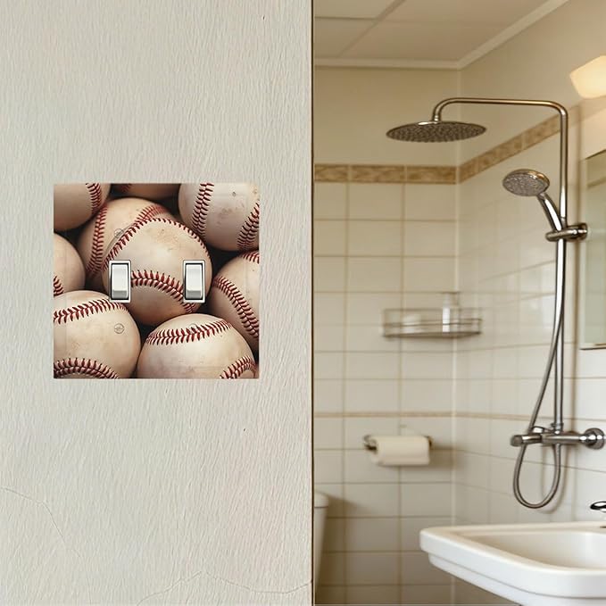 Vintage Baseball Double Toggle Switch Cover - 2-Gang Standard US Size Americana Baseball Light Switch Covers for Sports Fan Decor