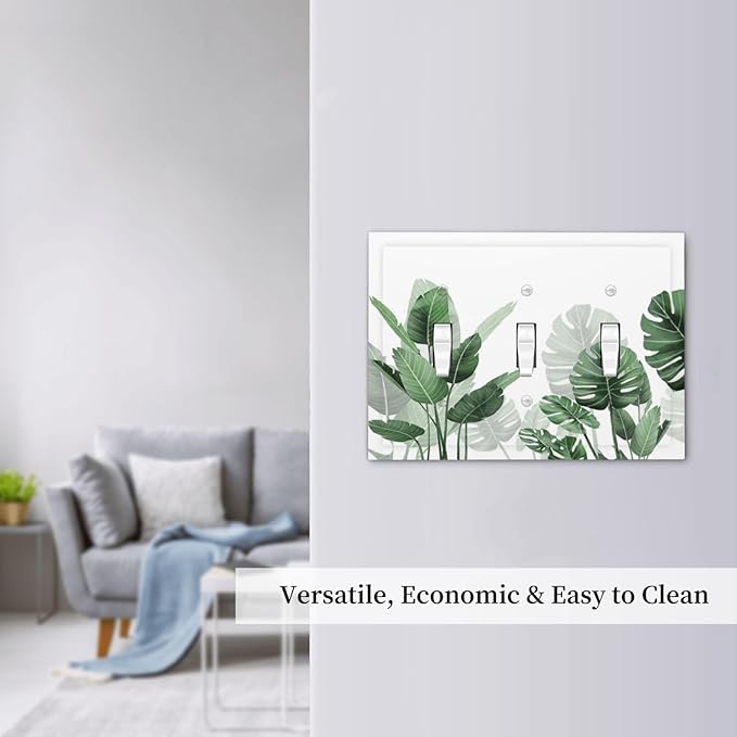 Decorative Switch Plates Boho Tropical Plant Natural Palm Leaf 3 Gang Wall Plate Triple Toggle Light Switch Cover Faceplate Electrical Wall Panels For Bed Room Living Room Decor