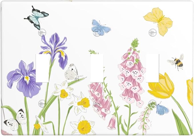 Flower Butterfly Light Switch Cover Plates Decorative Triple Toggle Wall Plate, 3 Gang Lightswitch Cover