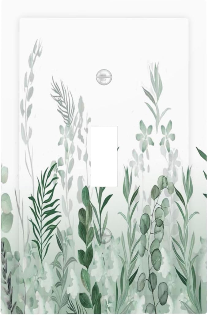Watercolor Green Leaf Rustic Plant Eucalyptus Flowers Decorative Light Switch Cover 1 Gang Single Toggle Device Electrical Faceplate Switchplates Decorator Outlet Wall Plate for Bed Room Living Room