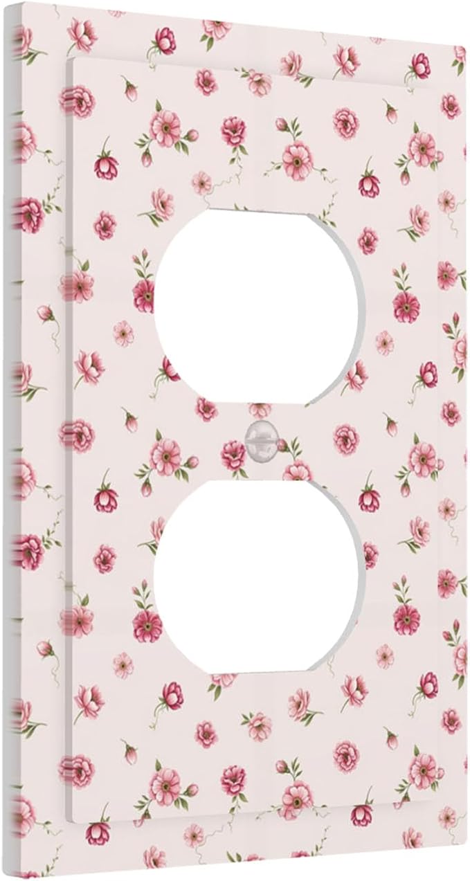Pink Ditsy Floral Duplex Wall Plate - 1-Gang Standard US Size French Country Petite Floral Outlet Covers, Vintage Shabby Chic for Girls Room