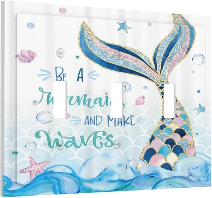 Mermaid Ocean Blue Waves Kids Girl 3 Gang Light Switch Covers Decorative Triple Toggle Wall Plate Electrical Faceplate Switchplate for Kidroom Bathroom Bedroom Home Decor