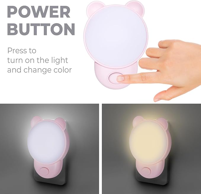 SATONA Cute Bear Night Light Plug - RGB + Soft White 3000K, Dusk to Dawn Nursery Night Light for Kids, Ideal Christmas & Birthday Gifts, Room Decor for Children (Pink)