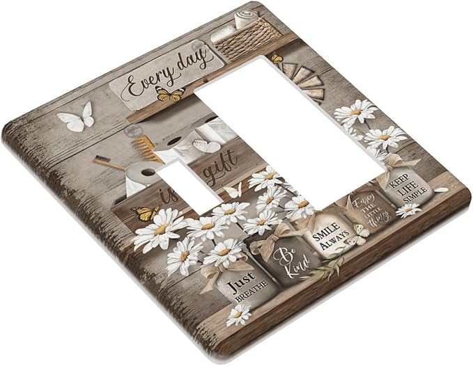 Rustic Daisy Flower Butterfly Inspirational Cottage Outlet Covers 1 Toggle 1 Rocker Combination Decorative Wall Plate Electrical Switch Plates Light Switch Cover Plate for Farmhouse Bedroom Decor