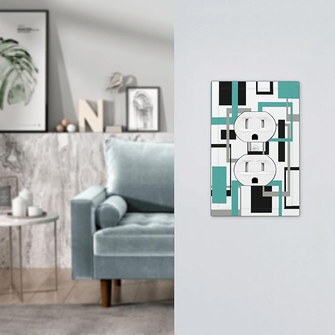 Geometric Turquoise Black Gray Modern Abstract Boho Outlet Covers 1 Gang Duplex Light Switch Cover Decorative Switch Plates Electrical Receptacle Faceplate Wall Plate for Office Nursery Decor