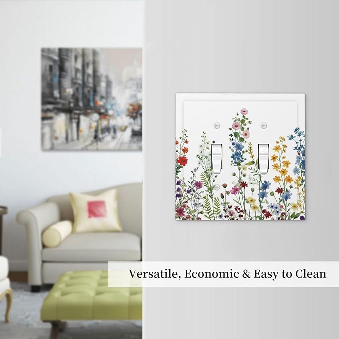 Decorative Light Switch Cover Plate Colorful Wildflowers Plants Flowers on White Background 2 Gang Switch Plate Covers Double Toggle Wall Plates Electrical Faceplate for Bathroom Home Decor