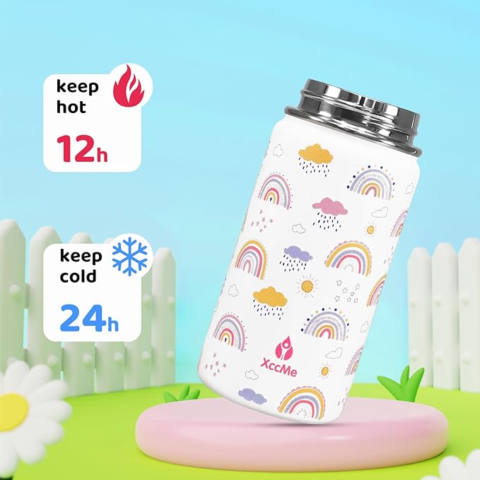 14 oz Rainbow Kids Water Bottle With Straw Lid,Stainless Steel Travel Bottle,Double Wall Leak Proof Kids Cup,Insulated Tumbler for Toddlers,Metal Bottle for School Boys Girls