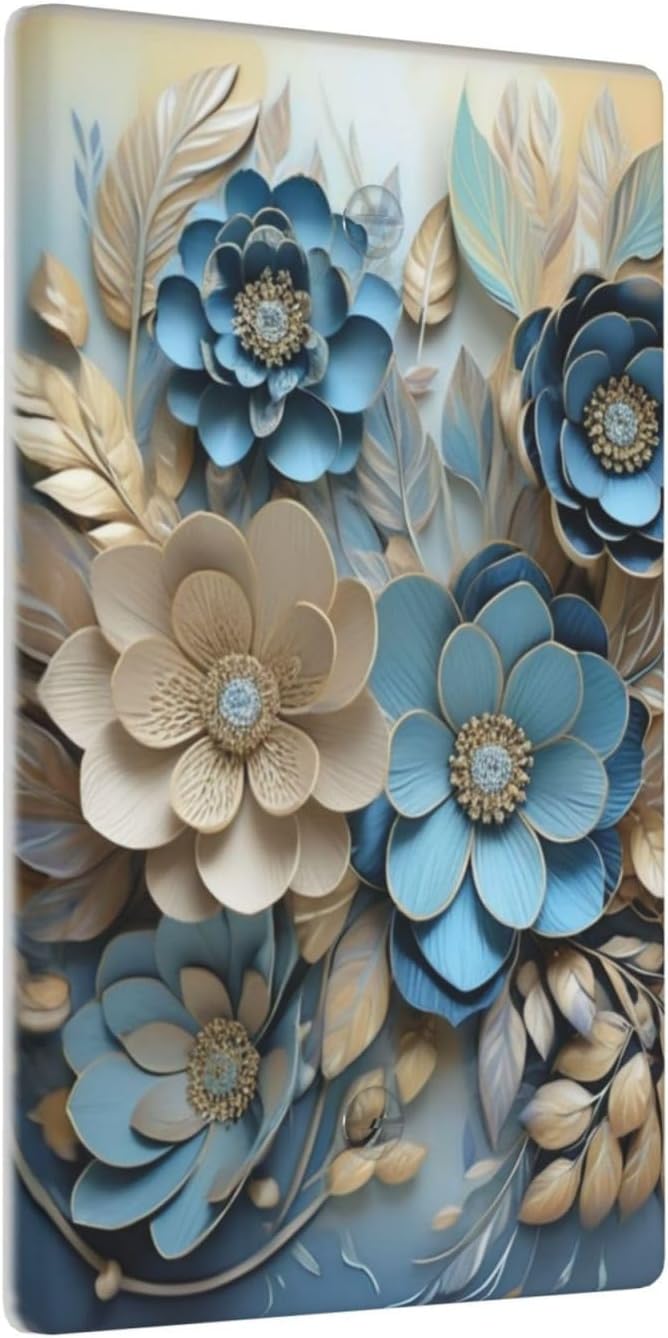 Decorative Art Light Switch Covers Blue and Creamy Floral 1 Gang No Device Blank Switchplate Electrical Faceplate for Home Decor