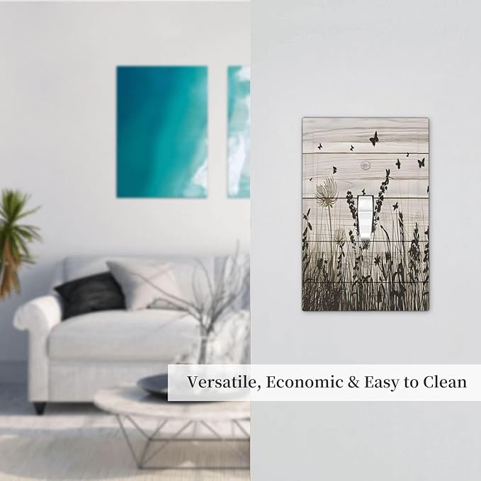 Wildflower Butterfly Grass Dandelion Vintage Wooden Print Decorative Light Switch Cover 1 Gang Single Toggle Device Electrical Faceplate Switchplates Decorator Outlet Wall Plate for Farmhouse Home