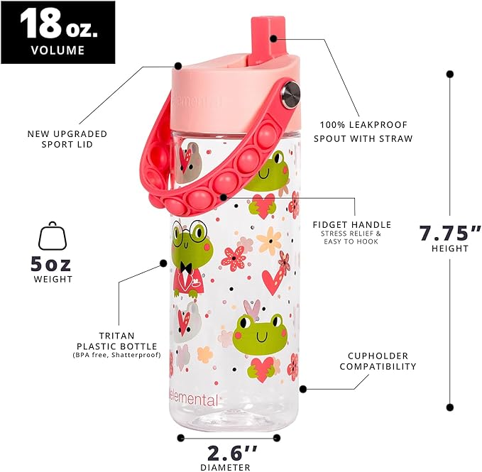 Elemental Leak Proof Water Bottles for Kids - Splash Kids Water Bottle for School with Pop-it Handle - Tritan Plastic Water Bottle with Straw - Fancy Frog Clear & Rose - 18oz (2 Pack)