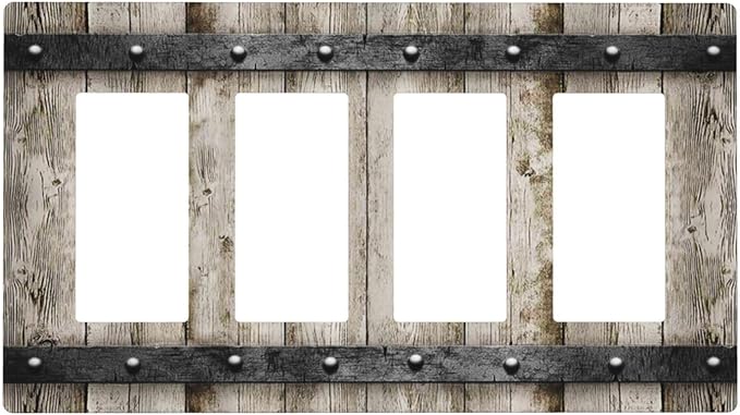 Rustic Vintage Brown Wood Plank 4 Gang Quad Rocker/GFCI/Decorator Light Switch Cover Plate Decorative Electric Faceplate Decorative Switchplate Screwless
