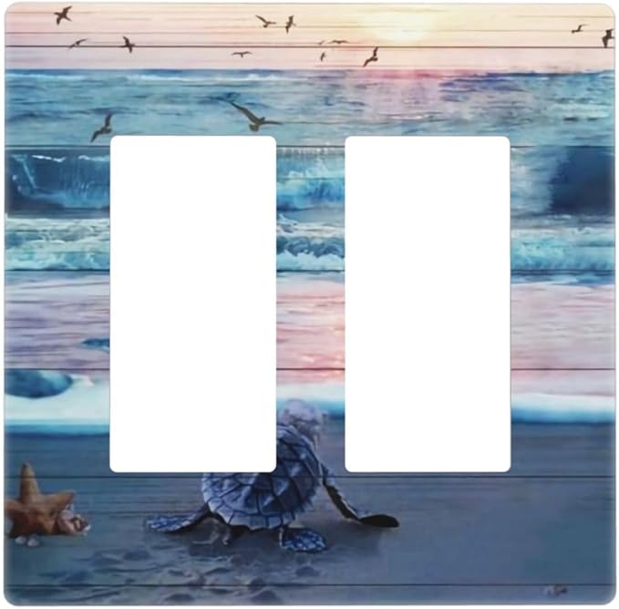 Nautical Sea Beach Ocean Turquoise Blue Turtle Seashells Starfish Marine 2 Gang Screwless Double GFCI Decorator/Rocker Outlet Light Switch Wall Plate Covers Decorative Dual Device Receptacle Faceplate