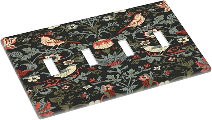 Vintage Birds Berries Mid Century Floral Flower Light Switch Covers Quad Toggle Electrical Faceplate 4 Gang Wall Plate Decorative Switch Plates Cover for Bedroom Living Room Decor