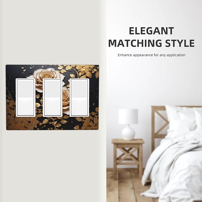 Decorative Outlet Covers Big Golden White Roses Glod Leaves Black Background 3 Gang Wall Plate Triple Rocker Switch Light Switch Plate Covers Jumbo Electrical GFCI Switch Cover Plate