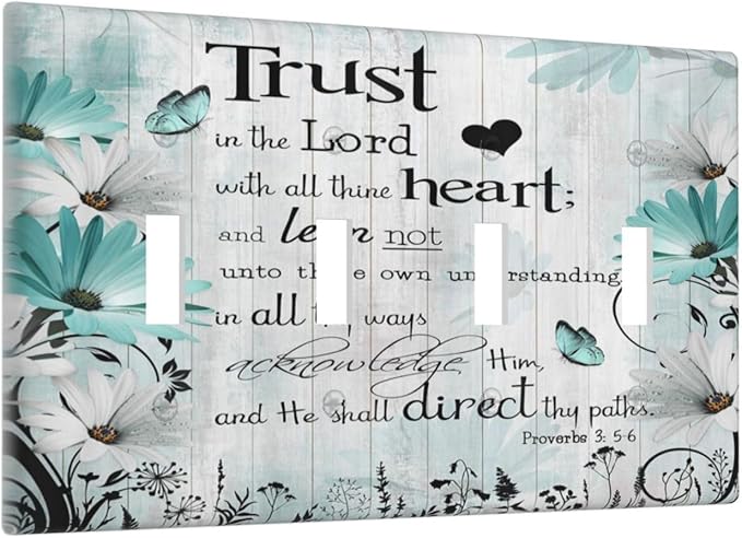 Rustic Teal Daisy Bible Verse Wooden Inspirational Quote Light Switch Covers Quad Toggle Electrical Faceplate 4 Gang Wall Plate Decorative Switch Plates Cover for Bedroom Living Room Decor