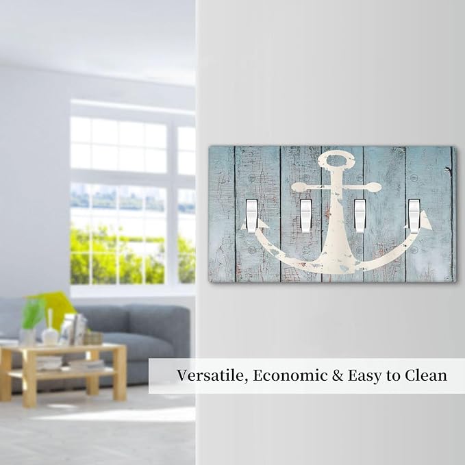 Anchor Rustic Sailing Nautical Wooden Planks Marine Light Switch Covers Quad Toggle Electrical Faceplate 4 Gang Wall Plate Decorative Switch Plates Cover for Bathroom Farmhouse Decor