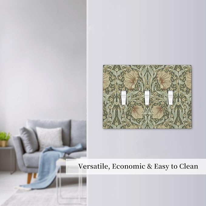 William Morris Pimpernel Flowers 3 Gang Light Switch Cover Vintage Floral Green Botanical Triple Toggle Wall Plate Decorative Electrical Switchplates for Country Bedroom Kitchen Home Decor