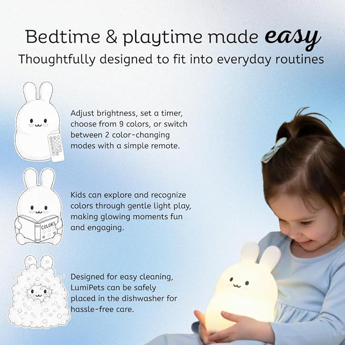 Lumipets Baxter The Bunny Squishy Night Light for Kids | Silicone Lamp with Tap & Remote Control | Rechargeable Color Changing Animal Night Light for Boys & Girls | Portable Nightlight with USB Cord