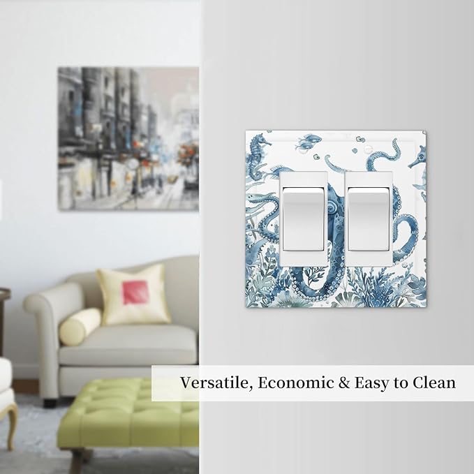 Blue Octopus Squid Seahorse Coral Watercolor Wild Sealife Decorative Outlet Covers 2 Gang Double GFCI Rocker Electrical Wall Panels Light Switch Cover Plate for Bathroom Kids Room Decor