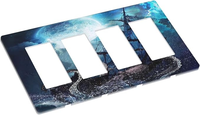 Moon Ocean Nautical Octopus 4 Gang Quad Rocker Light Switch Cover Plate Decorative Electric Faceplate Switchplate Living Room Bedroom Decorate Jumbo Screwless