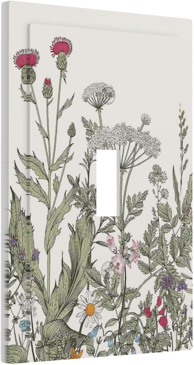 Vintage Rustic Country Green Spring Floral Flowers Herbs Leaves Botanical 1 Gang Single Toggle Electrical Outlet Light Switch Wall Plate Receptacle Face Plate Cover Decorative One Device Switchplate
