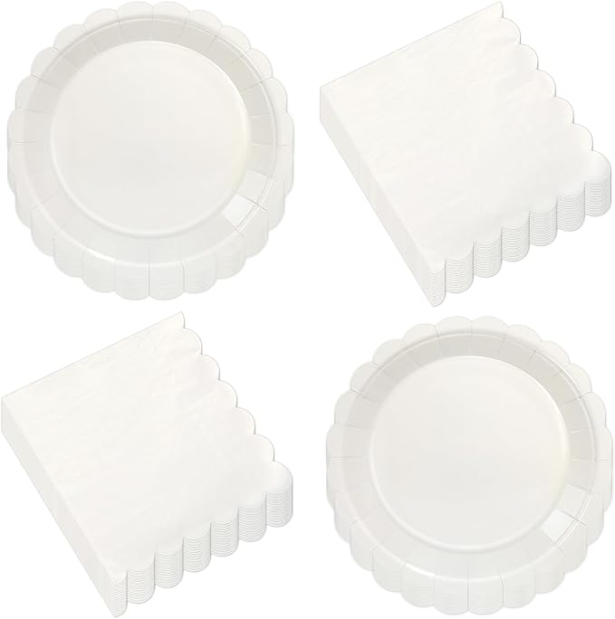 CHUNNIN 50Pcs Cream Scalloped Party Paper Plates and Napkins Scalloped Dessert Plates Birthday Party Decorations Shell Edge Disposable Tableware Set Serves 25 Guest Baby Shower Wedding Supplies