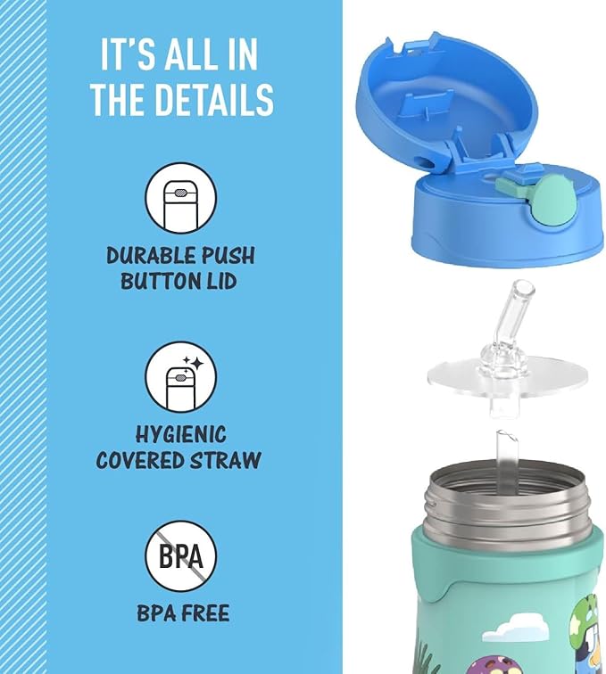 Thermos Baby 10 oz. Stainless Steel Bottle with pop-up straw, Bluey