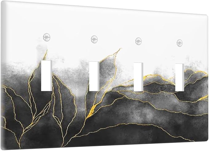 Light Switch Covers Black And Gold Marble White Golden Leaves Quad Toggle 4 Gang Wall Plate Electrical Faceplate Decorative Switch Plates for Bedroom living Room Decor