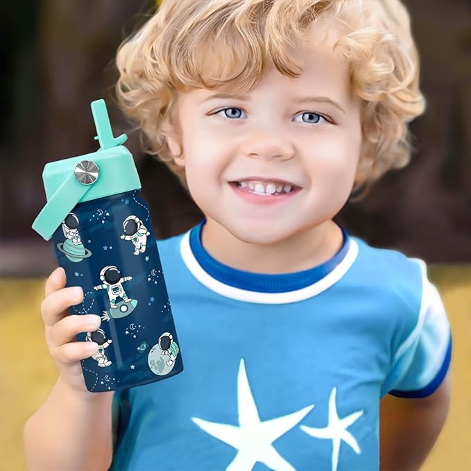 Astronaut Water Bottle - Kids Water Bottle with Straw Lid - 12 Oz Insulated Stainless Steel Water Bottles for Kid Boys - Travel Cup for School Sports