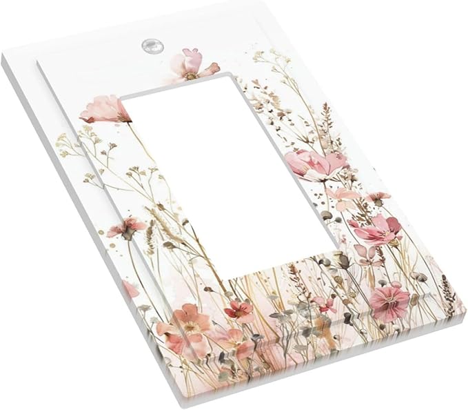 Boho Floral Watercolor Pink Wildflower Butterfly Decorative Outlet Covers 1 Gang Single Rocker Light Switch Cover Plate Wall Plates GFCI Faceplate for Bedroom Living Room Decor