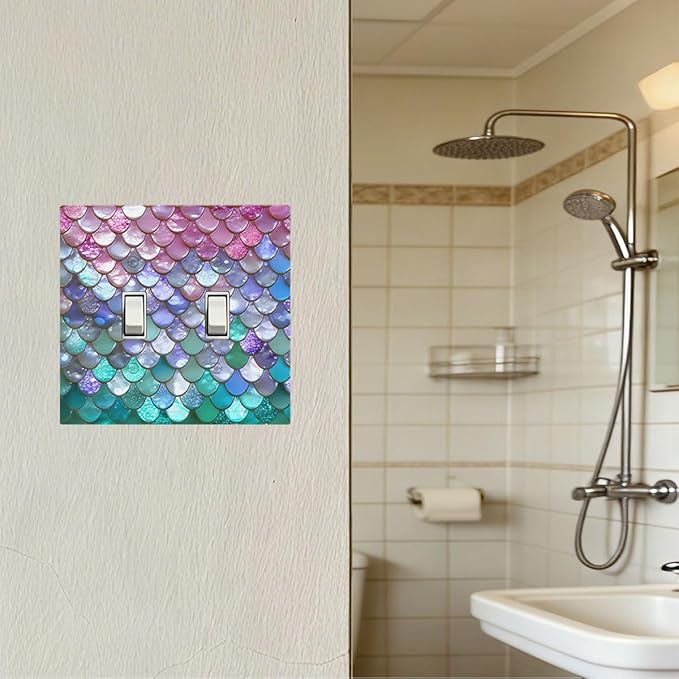 Iridescent Mermaid Scales Double Toggle Switch Cover - 2-Gang Standard US Size Magical Rainbow Mermaid Light Switch Covers for Girls Room Decor