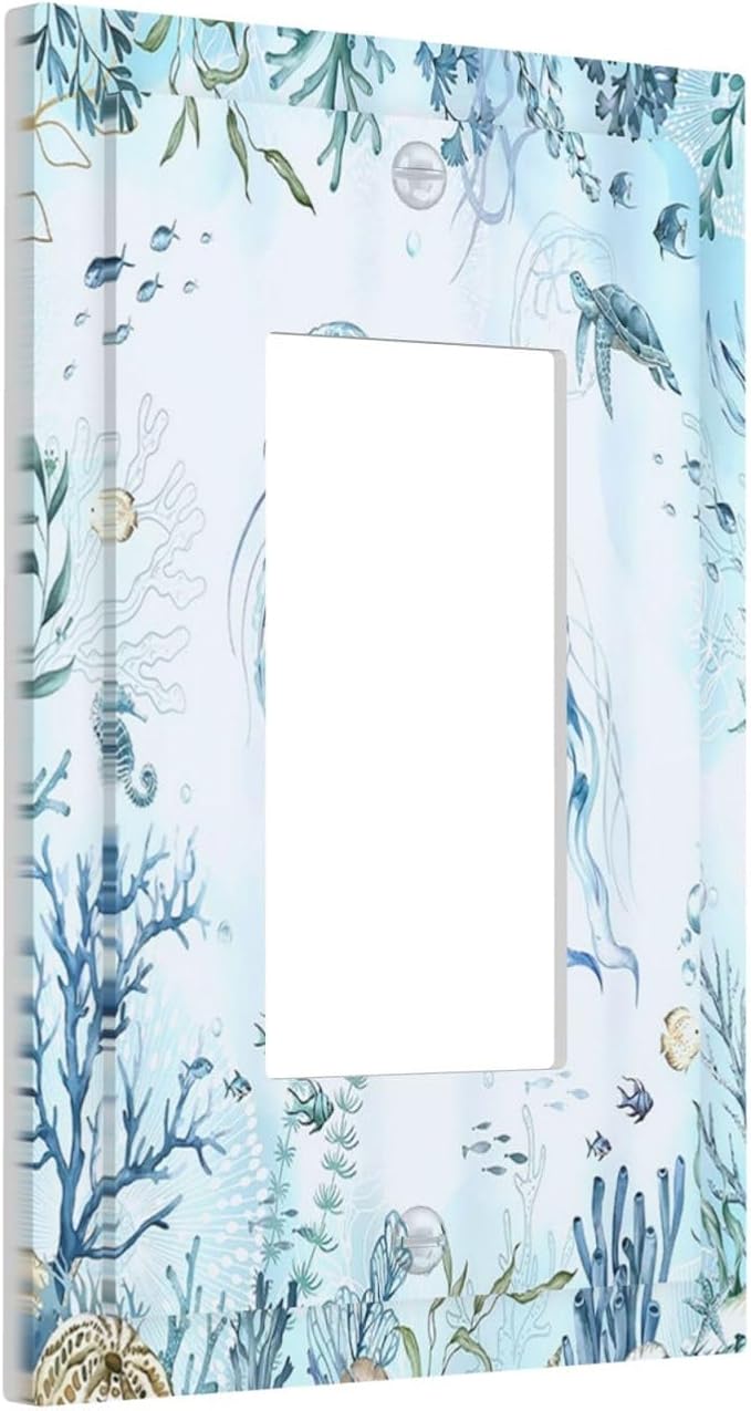 Decorative Outlet Covers Jellyfish Teal Blue Ocean Turtle Coastal Beach 1 Gang Single Rocker Light Switch Cover Plate Wall Plates GFCI Faceplate for Bedroom Bathroom Decor