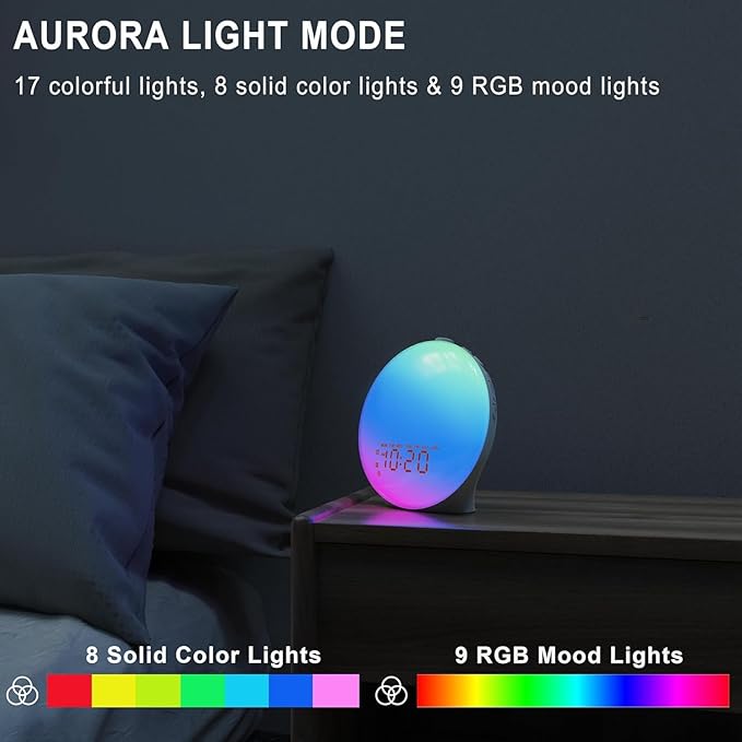 JALL Sunrise Alarm Clock with 25 Soothing Sounds, White Noise Sound Machine for Sleep, Sunset Lamp & 5W Bluetooth Speaker, Dual Alarms for Heavy Sleepers, Kids, Adults, Bedrooms, Wood Grain