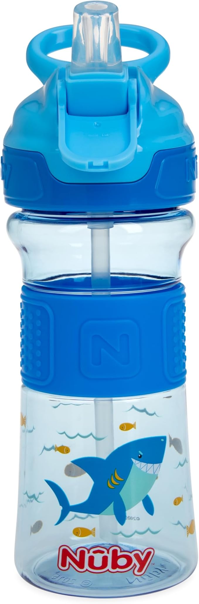 Nuby Thirsty Kids Push Button Flip-it Soft Spout on The Go Water Bottle with Easy Grip Band, Blue Sharks, 12 Oz