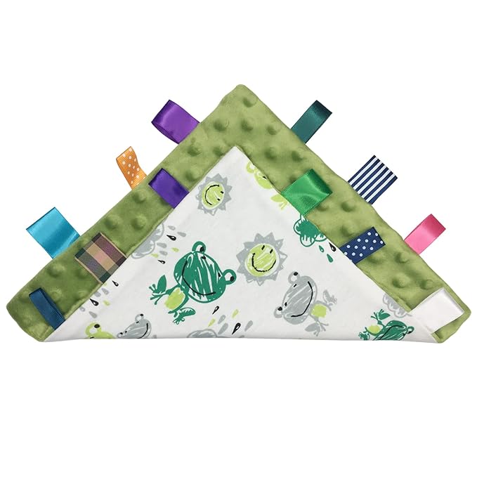 Baby Tags Soft Plush Snuggle Small Security Blanket with Colorful Tags Comfort Appease Towel Taggy Lovey Frog Minky Dot Blanket - 9 x 9 inches - Green
