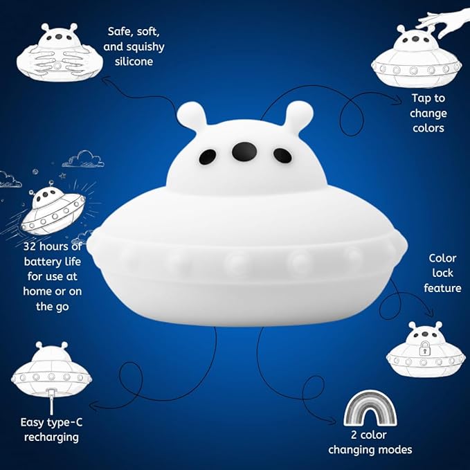 Lumipets UFO Spaceship LED Baby Night Light, Cordless, Touch Control, Soft Silicone Material, 8 Lulling Colors, Portable