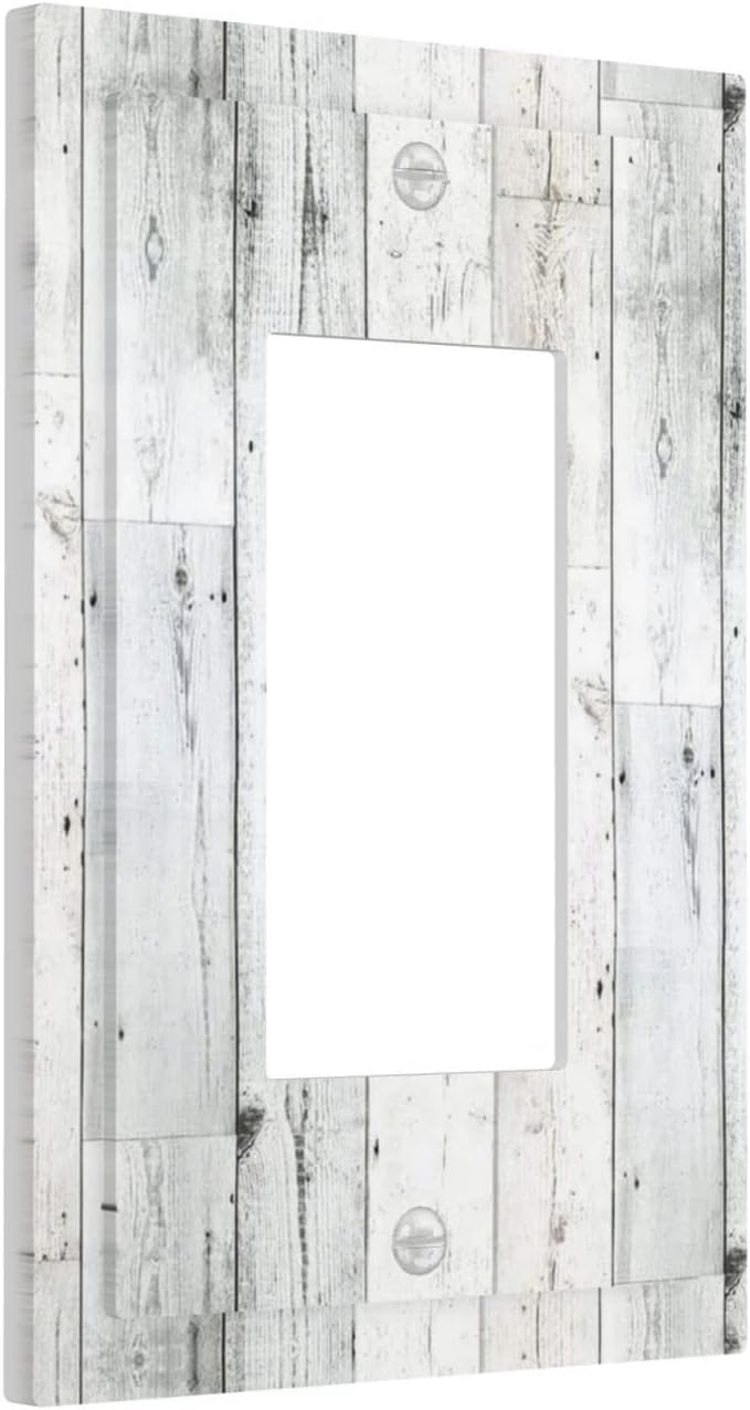 Grey White Wood 1 Gang Rocker/Decor Outlet Light Switch Wall Plate Cover Faceplate Decorative Faceplate for Bathroom Home Living Room Bedroom Decorate 5" x 3