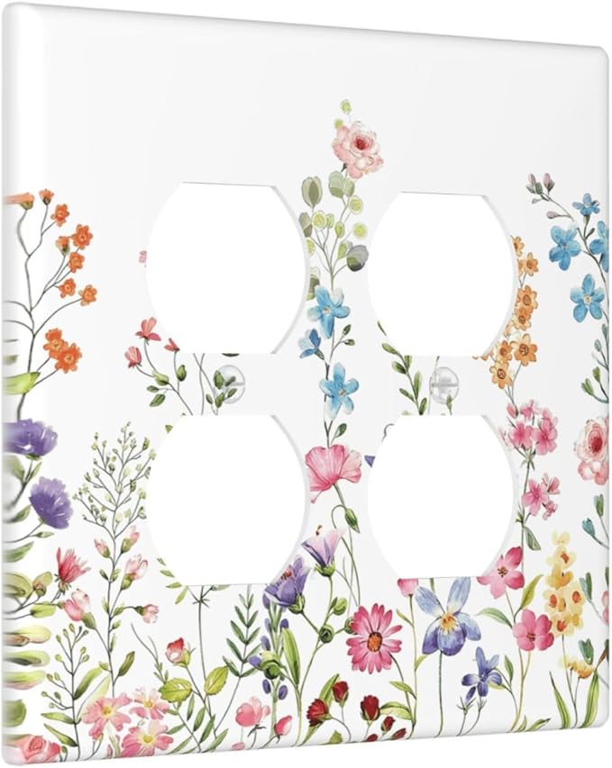 Boho Watercolor Wildflowers Floral Plants Flower Outlet Covers 2 Gang Double Duplex Decorative Light Switch Covers Electrical Wallplates Socket Faceplate for Bedroom Living Room Decor