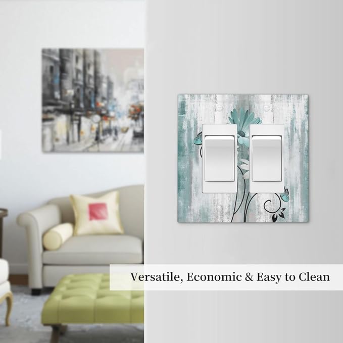 Teal Daisy Vintage Flower Butterfly Rustic Wood Print Decorative Outlet Covers 2 Gang Double GFCI Rocker Electrical Wall Panels Light Switch Cover Plate for Farmhouse Home Decor