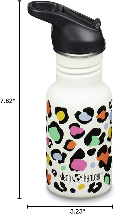 Klean Kanteen 12 oz Classic Kid's Water Bottle with Flip Seal Sport Cap & Straw - 100% Leakproof Cap - Durable Stainless Steel Material - Lightweight & Easy-Grip - BPA-Free - Leopard Print
