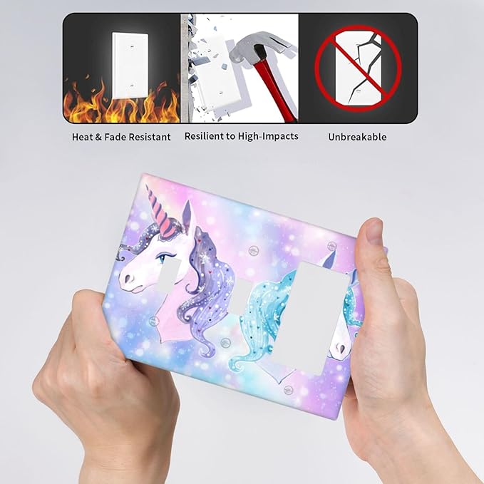 Dreamy Purple/Blue Rainbow Unicorn 3-Gang Combination Double Toggle/Single Decorator Outlet Wall Plate Cute Kid Girls Electric Decorative 2-Toggle 1-Rocker/GFCI Combo Light Switch Cover (Not Glitter)