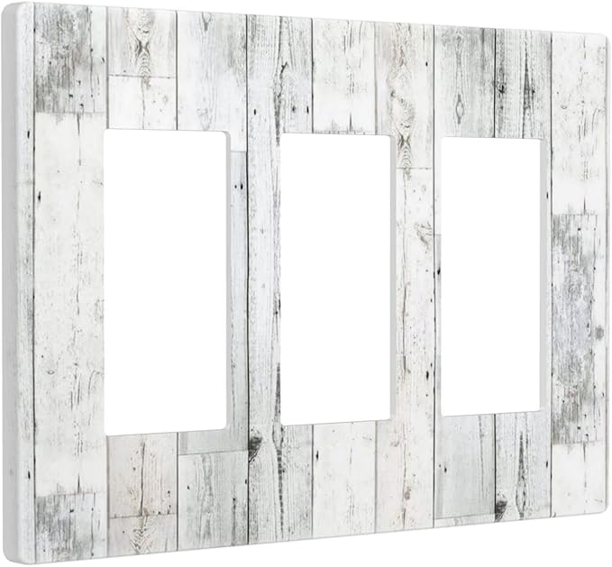 Grey White Wood 3 Gang Triple Rocker/Decor Light Switch Wall Plate Cover Decorative Electrical Faceplate for Kids Living Room Bedroom Decor Screwless 6.57" x 4.65