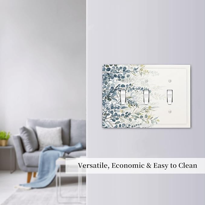 Decorative Switch Plate Cover with Green & Blue Watercolor Eucalyptus Botanical Foliage Design 3 Gang Artistic Wall Plate Unique Triple Toggle Light Switch Covers for Living Room Decor