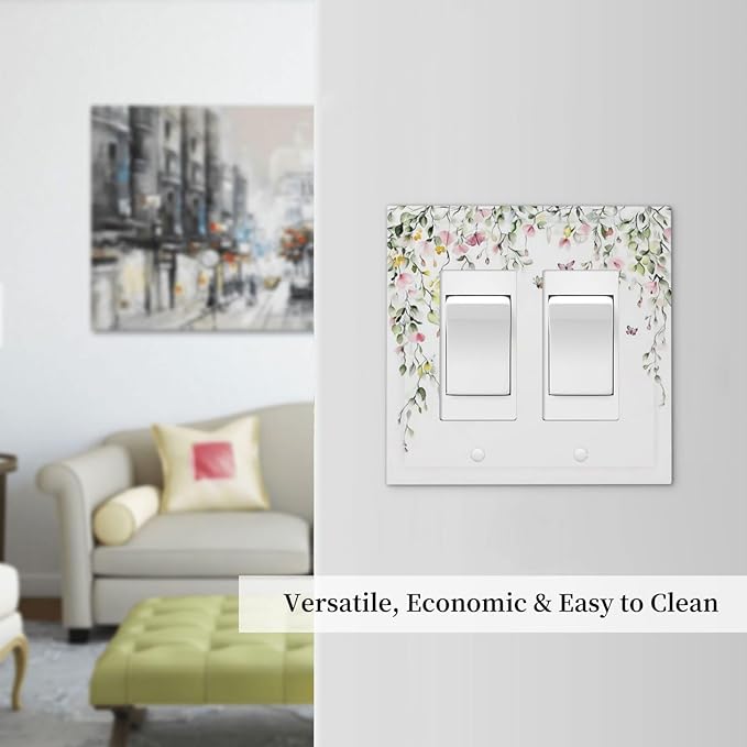 Watercolor Flowers Vine Colorful Butterfly Floral Decorative Outlet Covers 2 Gang Double Gfci Rocker Electrical Wall Panels Light Switch Cover Plate For Bed Room Living Room Decor