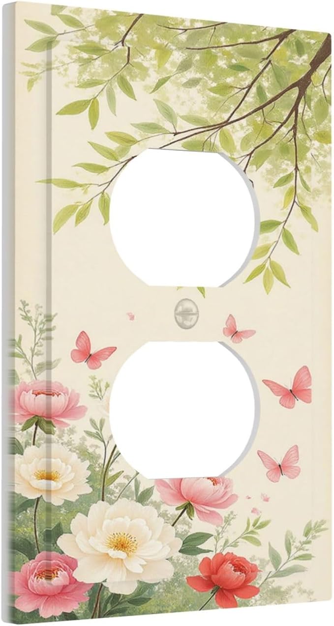 Outlet Covers Garden Flowers Green Leaves And Butterflies 1 Gang Duplex Electrical Receptacle Faceplate Light Switch Cover Wall Plate Decorative Switch Plates for Bedroom Cabin Decor